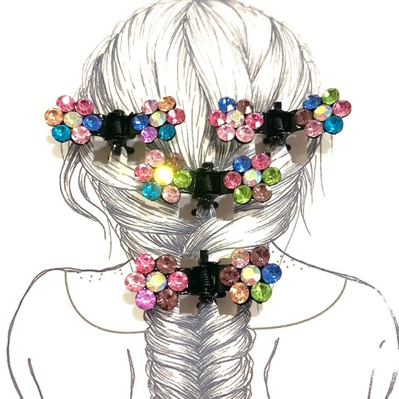 Hair Clips Set of 4 Rainbow Rhinestone Flower Mini Claws Updos - Picture 1 of 6